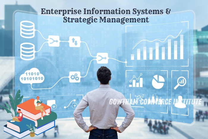 Man analyzing data charts and digital icons representing Enterprise Information Systems and Strategic Management, highlighting the advanced courses offered at Gowtham Commerce Institute in Peelamedu, Coimbatore