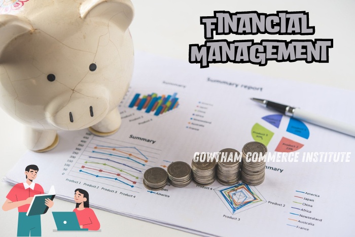 Piggy bank and stacked coins on financial charts and graphs, representing the focus on Financial Management in courses at Gowtham Commerce Institute in Peelamedu, Coimbatore