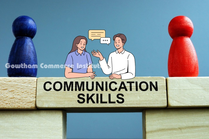 Illustration of two people discussing on top of wooden blocks labeled 'Communication Skills', emphasizing the importance of communication skills taught at Gowtham Commerce Institute in Peelamedu, Coimbatore