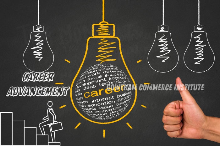 Illustration of a lightbulb filled with career-related terms, symbolizing career advancement, with a thumbs-up and a figure climbing stairs, highlighting opportunities at Gowtham Commerce Institute in Peelamedu, Coimbatore. Emphasizing the institute's role in guiding students toward successful accounting careers