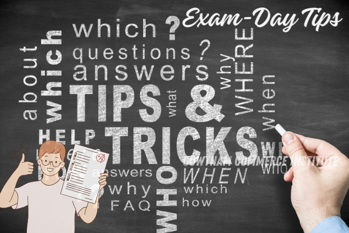 Chalkboard with words like 'Tips,' 'Tricks,' and 'Questions,' highlighting exam-day strategies, at Gowtham Commerce Institute in Peelamedu, Coimbatore. Illustration of a student holding a test paper, reflecting the institute's focus on providing practical exam tips and support for success