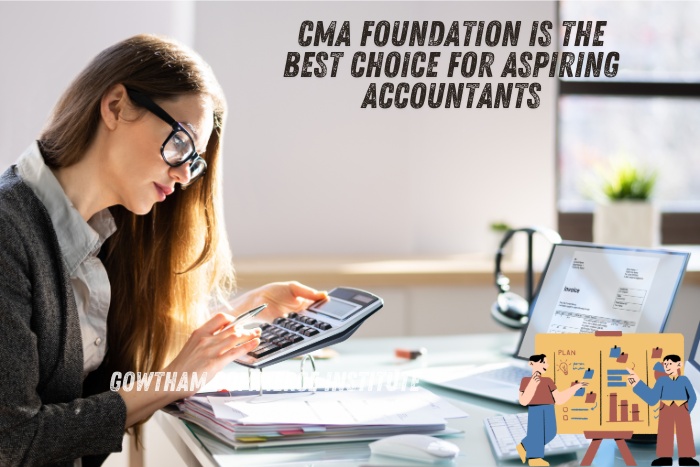 Young woman calculating finances with a laptop and documents, illustrating the benefits of CMA Foundation for aspiring accountants, at Gowtham Commerce Institute in Peelamedu, Coimbatore. Icons of students planning and analyzing data, reflecting the institute's comprehensive coaching approach.