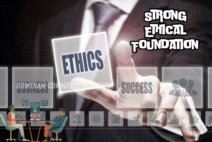 Business professional highlighting 'Ethics' with an overlay of related terms, symbolizing the strong ethical foundation taught at Gowtham Commerce Institute in Peelamedu, Coimbatore. Students engaging in a collaborative discussion, reflecting the institute's commitment to ethical education and success in accounting