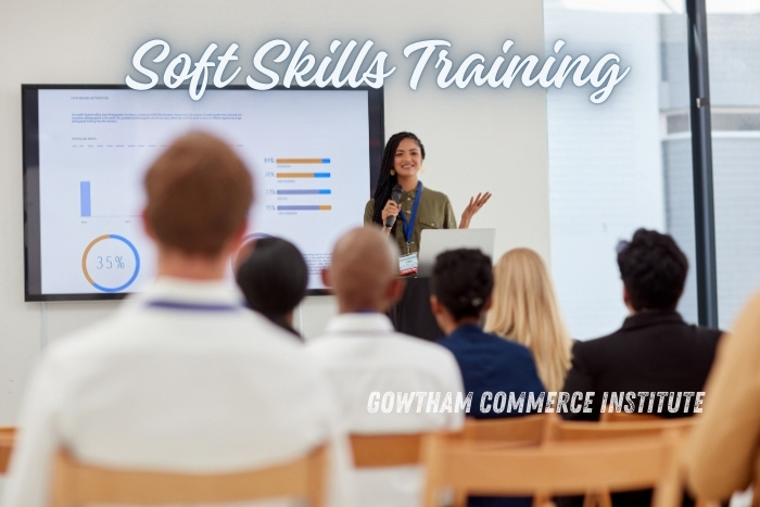 Instructor leading a soft skills training session at Gowtham Commerce Institute, Peelamedu, Coimbatore. The session emphasizes the importance of communication, leadership, and interpersonal skills for CA and CMA students