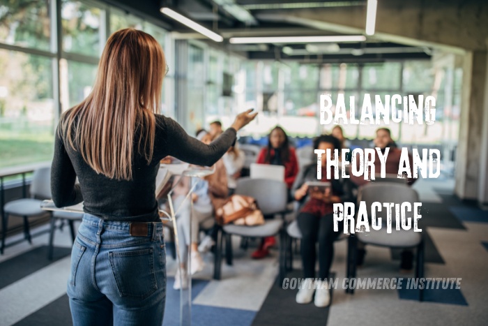 Teacher guiding students on balancing theory and practice at Gowtham Commerce Institute in Peelamedu, Coimbatore, offering specialized coaching for CA and CMA exams